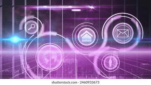Image of light and icons over digital screen with diverse data. Digital interface, data processing and technology concept digitally generated image.