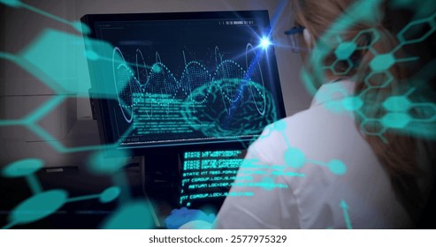 Image of light and medical data processing over caucasian female scientist working at computer. Research, science, digital interface and communication, digitally generated image.