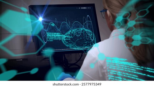 Image of light and medical data processing over caucasian female scientist working at computer. Research, science, digital interface and communication, digitally generated image.