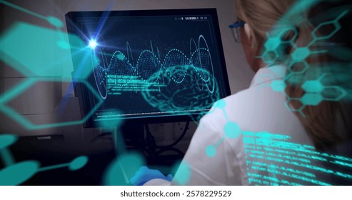 Image of light and medical data processing over caucasian female scientist working at computer. Research, science, digital interface and communication, digitally generated image.
