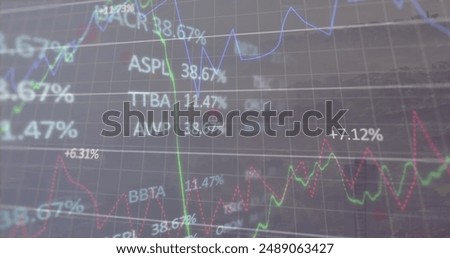 Image of light over financial data over foggy cityscape. Global finance, economy and technology concept digitally generated image.