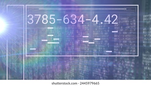 Image of light spot and data processing against screens of mosaic squares on blue background. Computer interface and business data technology concept - Powered by Shutterstock