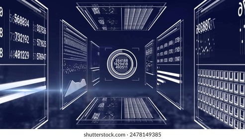 Image of light spot and interface with data processing against aerial view of cityscape. Computer interface and business technology concept