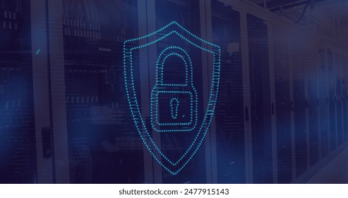 Image of light spot over security padlock icon and data processing against computer server room. Cyber security and business data storage technology concept