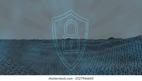 Image of light spot over security padlock icon against binary coding over digital wave. Cyber security and business technology concept