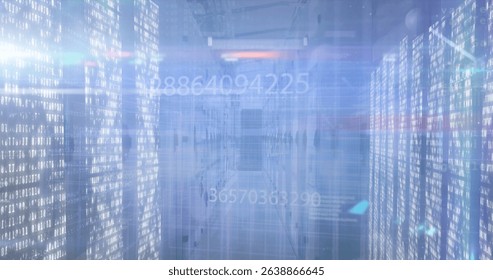 Image of light spots and data processing over computer servers. Global technology and data processing concept digitally generated image.