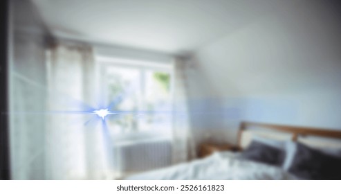 Image of light spots over empty house interior. Moving house and digital interface concept digitally generated image.