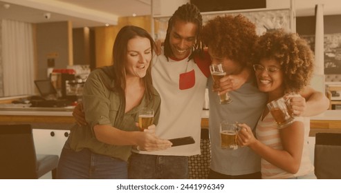 Image of light spots over happy diverse friends using smartphone with beer. social media and communication interface concept digitally generated image. - Powered by Shutterstock