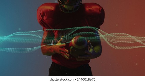 Image of light trail lines over american football player on neon background. Sports, competition and communication concept digitally generated image. - Powered by Shutterstock