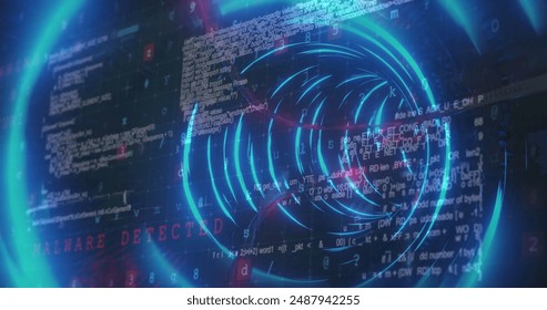 Image of light trails and cyber security data processing over glowing tunnel in seamless pattern. Cyber security and business technology concept - Powered by Shutterstock