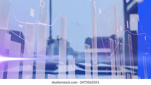 Image of light trails and data processing over office. Global business, computing and digital interface concept digitally generated image.