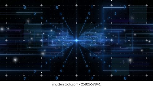Image of light trails and data processing on black background. Global technology, computing and digital interface concept digitally generated image.