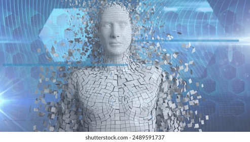 Image of light trails and digital human over shapes on blue background. Global technology, computing and digital interface concept digitally generated image.