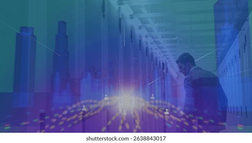 Image of light trails over 3d cityscape model over male engineer walking in server room. Cyber security and business storage technology concept