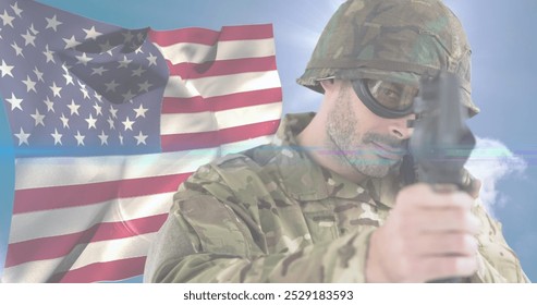 Image of light trails over caucasian male soldier and flag of usa. Politics and patriotism concept digitally generated image. - Powered by Shutterstock