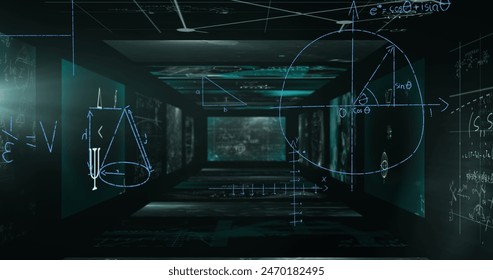 Image of light trails over mathematical equations on black background. Mathematical equations, computing and digital interface concept digitally generated image.