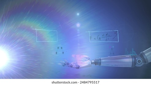 Image of light trails over mathematical equations and robotic hand on blue background. Global technology, computing and digital interface concept digitally generated image.