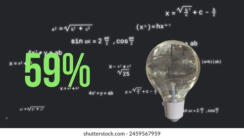 Image of lightbulb and percent over mathematical data processing. Global science, research, computing and data processing concept digitally generated image.