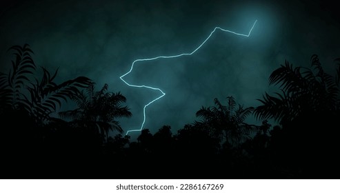 Image of lightning striking over palm trees and stormy clouded sky. Weather, storm and nature concept digitally generated image. - Powered by Shutterstock