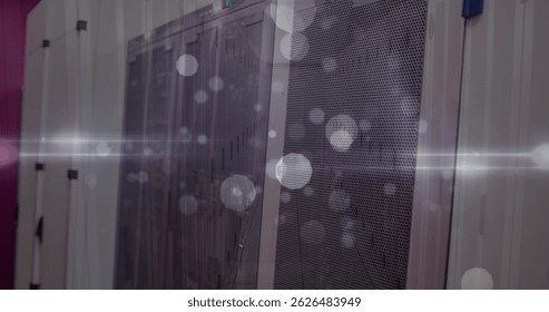 Image of lights and composition over server room. Global business digital interface technology and networking concept digitally generated image.