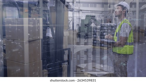 Image of lights and data over male warehouse worker. Business, finance, technology and delivery services concept digitally generated image.