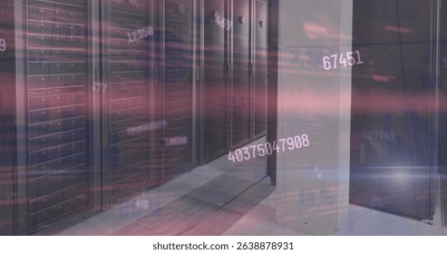 Image of lights and data processing over computer server room. Global communication, business, data and digital interface concept digitally generated image.