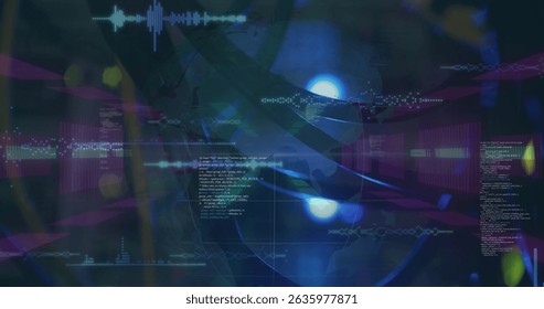 Image of lights, shapes and data processing in navy digital space. Data processing, digital interface and technology concept digitally generated image.