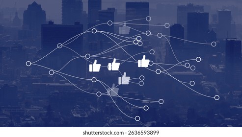 Image of like icons and connections over cityscape. Social media, data processing, network and technology concept digitally generated image.