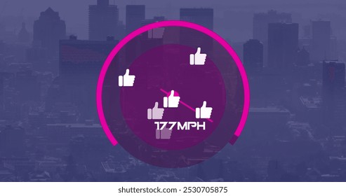 Image of like icons and speedometer over cityscape. Social media, transportdata processing, network and technology concept digitally generated image. - Powered by Shutterstock