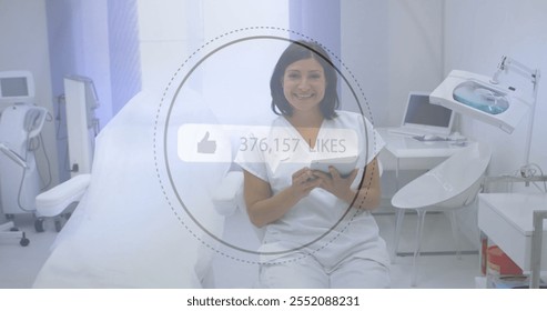 Image of likes growing number over biracial female dentist using tablet. Global social media, communication and digital interface concept digitally generated image. - Powered by Shutterstock