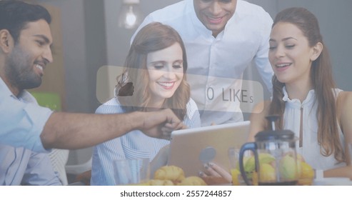 Image of likes growing number over diverse colleagues using tablet. Global social media, communication and digital interface concept digitally generated image. - Powered by Shutterstock