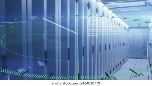 Image of line moving in circle and computer language over data server room. Digital composite, coding, programming language, data center, networking, technology and network server concept.