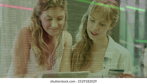 Image of lines and data processing over happy caucasian women doing online shopping. Data processing, communication and technology devices concept digitally generated image.