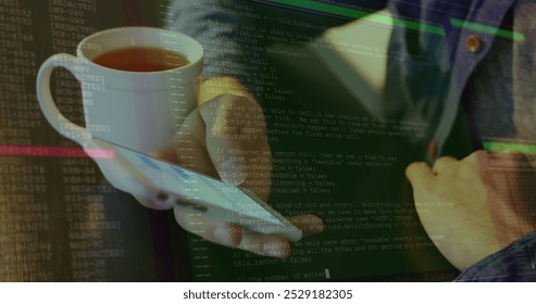 Image of lines and data processing over hands of caucasian man using smartphone. Data processing, communication and technology devices concept digitally generated image. - Powered by Shutterstock - Get 15% off with code: PIKWIZARD15