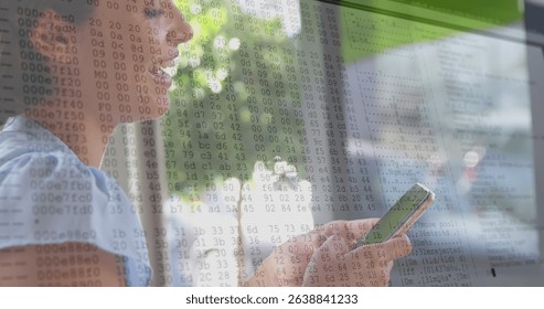 Image of lines and data processing over caucasian woman using smartphone. Data processing, communication and technology devices concept digitally generated image. - Powered by Shutterstock - Get 15% off with code: PIKWIZARD15