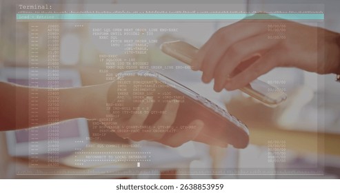 Image of lines and data processing over hands of caucasian woman using payment terminal. Data processing, communication and technology devices concept digitally generated image. - Powered by Shutterstock - Get 15% off with code: PIKWIZARD15