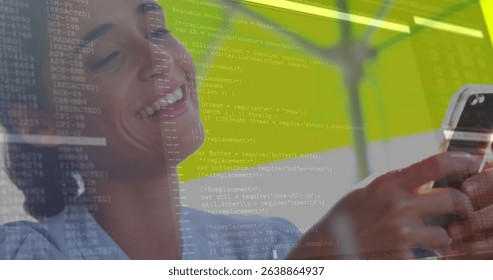 Image of lines and data processing over hands of caucasian woman using smartphone. Data processing, communication and technology devices concept digitally generated image. - Powered by Shutterstock - Get 15% off with code: PIKWIZARD15