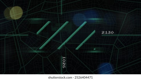 Image of lines and dots moving in dark space. Data processing, digital screen, network safety and technology concept digitally generated image.