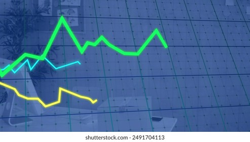 Image of lines and financial data processing over office. Global business, finances, computing and data processing concept digitally generated image.