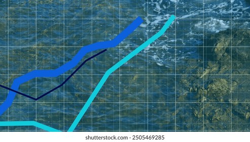 Image of lines and financial data processing over seascape. Global finance, business, connections, computing and data processing concept digitally generated image.