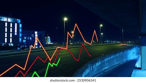 Image of lines and financial data processing over cityscape at night. Global business, finance, data processing and digital interface concept digitally generated image.