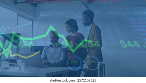 Image of lines and financial data processing over diverse business people in office. Global finance, business, connections, computing and data processing concept digitally generated image.