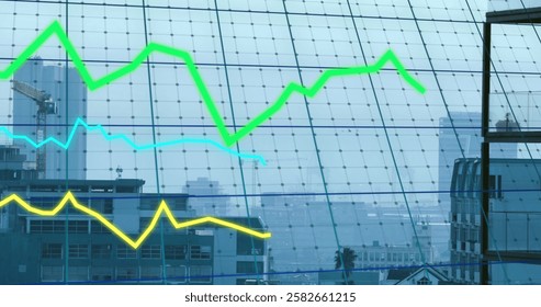 Image of lines and financial data processing over cityscape. Global finance, business, connections, computing and data processing concept digitally generated image.