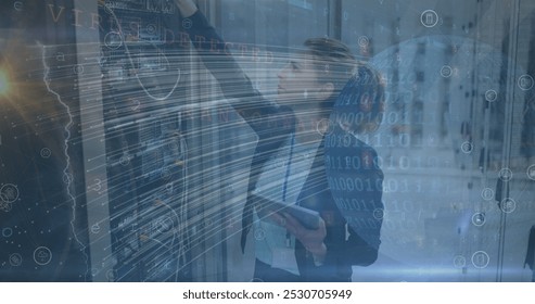 Image of lines, globe and binary code over caucasian woman checking servers. Network, connections, data processing and technology concept digitally generated image.