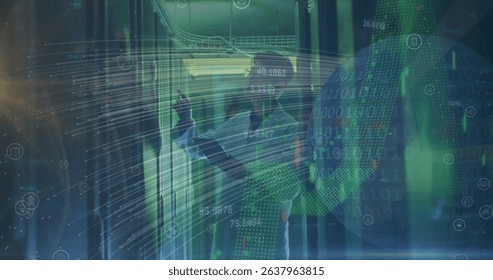 Image of lines, graphs and globe over caucasian man checking servers. Network, connections, data processing and technology concept digitally generated image. - Powered by Shutterstock - Get 15% off with code: PIKWIZARD15