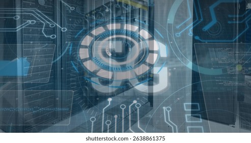 Image of lines rotating and creating circle with 5g text, moving lines over server room. Digital composite, multiple exposure, futuristic, network security, data center, networking, technology.