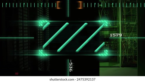 Image of lines in viewfinder with changing numbers over illuminated server rack in server room. Digital composite, multiple exposure, growth, networking, technology and network server concept.