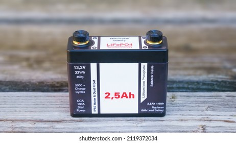 An image of a lithium iron phosphate motorcycle battery - Shutterstock ID 2119372034