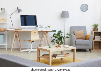 Image Of Living Room With Workplace With Computer Monitor On It And Other Modern Furniture In The House