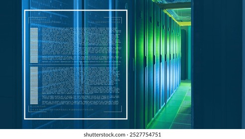 Image of loading bars and computer language over data server room. Digital composite, business, progress, network security, data center, networking, technology and network server concept.